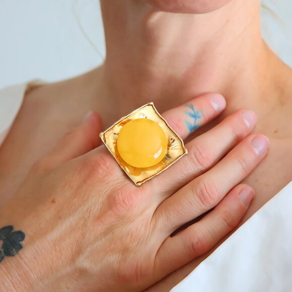 Butterscotch Amber Ring – Adjustable 14k Gold Plated Sterling Silver - Picture 1 of 8
